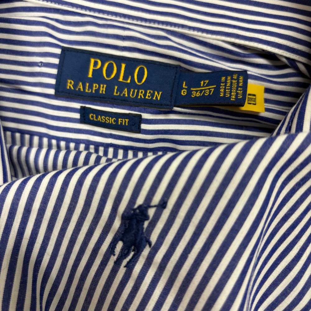 Polo Ralph Lauren Mens Large Striped Poplin Button Down Shirt Classic Blue White